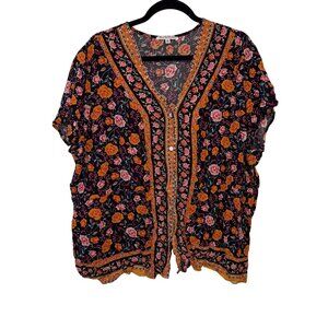 NorthStyle Womens Floral Print Kimono Blouse 2X Black/Orange Button Front